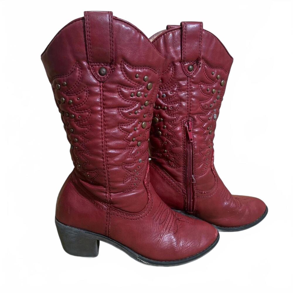 Xappeal Tay Red Faux Leather Studded Cowboy Boots Womens Size 1 EU 32